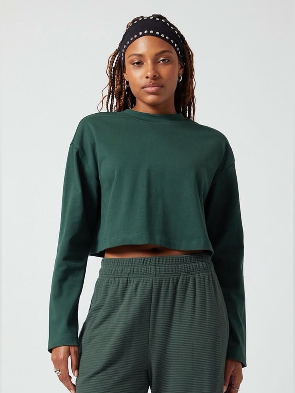 GEORGE | Cotton Ribbed Cropped Mock Neck Long Sleeve Top - Teal Green